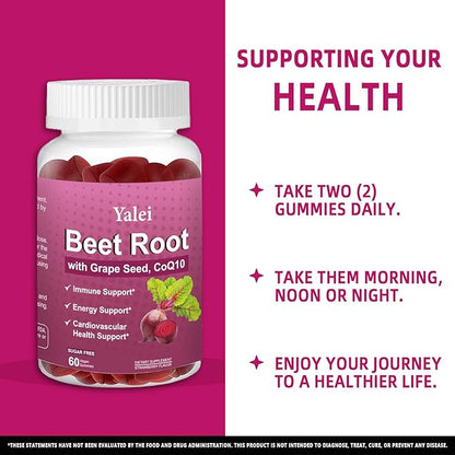 Beet Root Gummies for Blood Pressure | Sugar-Free | Beetroot Supplement with 1000 mg Beet Root, 1000 mg Grape Seed Extract & 200 mg CoQ10 | Vegan Non-GMO | Strawberry Flavor