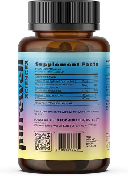 Unwind - Cortisol Supplements for Women - 60 Vegan Capsules - L Theanine Supplement + Magnesium + Rhodiola Rosea Extract + Zinc + Vitamin B6