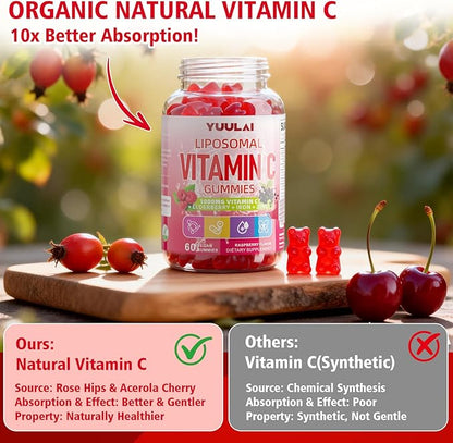 Liposomal Vitamin C 1000mg Gummies for Adults, Vitamin C Chewable with Iron, Zinc & Elderberry for Immune Support & Energy, Sugar Free, RaspberryFlavor, 60 Count