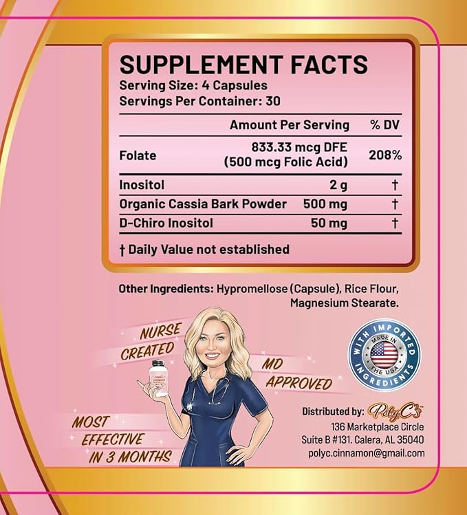 POLYC'S Inositol Supplement for Women - Myo-Inositol & D-Chiro Inositol Capsules 40:1 Ratio, Hormone Balance Aid and Women's Menstrual Health, Ovarian & Ovulation Support, Vegan, 120 Capsules