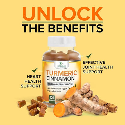Turmeric Curcumin Supplement Gummies - 95% Curcuminoids with Turmeric Ginger, Black Pepper for Best Absorption, Nature's Vegan Joint Support, Non-GMO, Gluten Free, Tasty Cinnamon Flavor - 120 Gummies