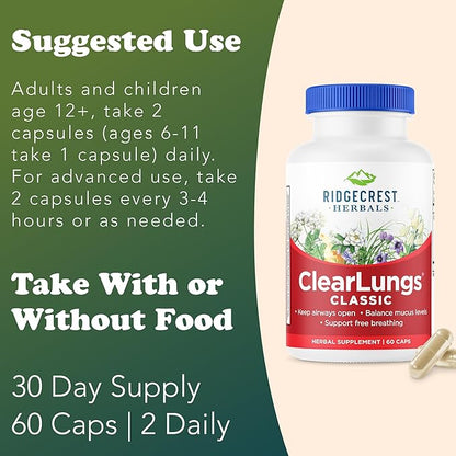 RidgeCrest Herbals ClearLungs Classic, Daily Health Supplement, Natural Lung and Nasal Wellness Formula for Bronchial, Respiratory, Immune, Sinus, and Mucus Support (60 Vegan Caps, 30 Serv)