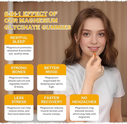Magnesium Glycinate Gummies 1000mg - Sugar Free Magnesium Potassium Supplement with Vitamin D, B6, CoQ10 for Calm Mood & Sleep Support - 60 Orange Gummies