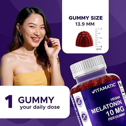 Vitamatic Melatonin 10 mg Vegetarian Gummies – Non-Habit Forming – 60 Gummies per Bottle – 4-Pack (Total 120 Vegan Gummies)
