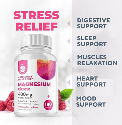 Dr. Moritz Magnesium Gummies for Adults - Low-Sugar 400 mg - Supports restful Sleep- Easy to Chew Adult and Kids Magnesium Citrate Gummies (180 Count) - Raspberry Flavored