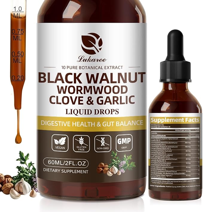 Lukaree Wormwood Black Walnut Clove Cleanse for Humans Tincture – Rapid Gut Detox & Digestive Health with Garlic Pumpkin Seeds Soursop Oregano, 10:1 Ultra-Concentrated Liposomal Tech 98% Absorption