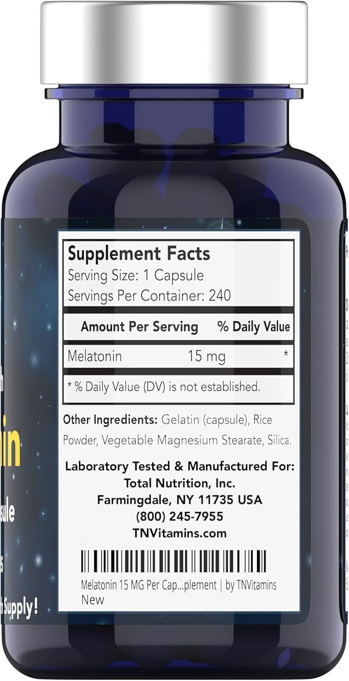 tnvitamins Melatonin 15 MG Per Capsule (240 Capsules) | All-Natural Sleeping Pills for Adults | Extra Strength Melatonin | Nighttime Sleep Aid | Natural Sleep Support Supplement
