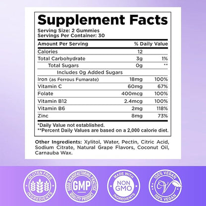 Iron Supplement for Women & Men - Iron Gummies with Vitamin B6, B12, C, Zinc, Folate for Adults & Kids - Support Iron Deficiency, Anemia, Energy Boost, Blood Builder - Sugar Free Vegan 60ct Grape