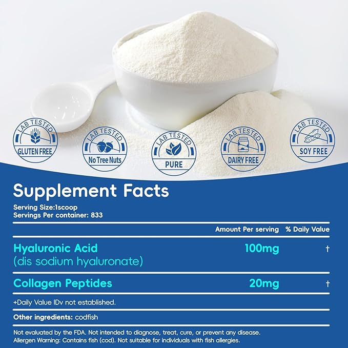 Hyaluronic Acid Powder, with Collagen Peptides – DIY Hydrating Serum & Skincare Ingredient, Clean Formula, Gluten-Free, No Preservatives – 100g / 3.52oz