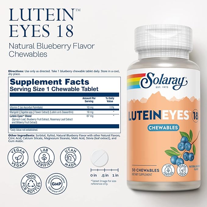 SOLARAY Chewable Lutein Eyes 18 | Eye & Macular Health Support Supplement w/Naturally Occurring Lutein and Zeaxanthin | Non-GMO | 30 Chewables