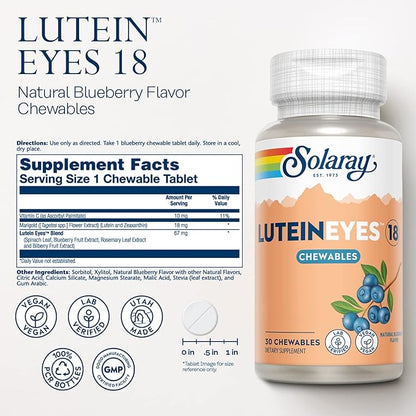 SOLARAY Chewable Lutein Eyes 18 | Eye & Macular Health Support Supplement w/Naturally Occurring Lutein and Zeaxanthin | Non-GMO | 30 Chewables