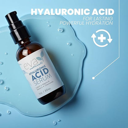 Eva Naturals Hyaluronic Acid Serum for Face – Pure Facial Gel with Natural Moisturizing Factors + HA – Anti-Aging Face Serum for Wrinkles, Fine Lines, Dry Skin, Lifted Glow – 1 oz