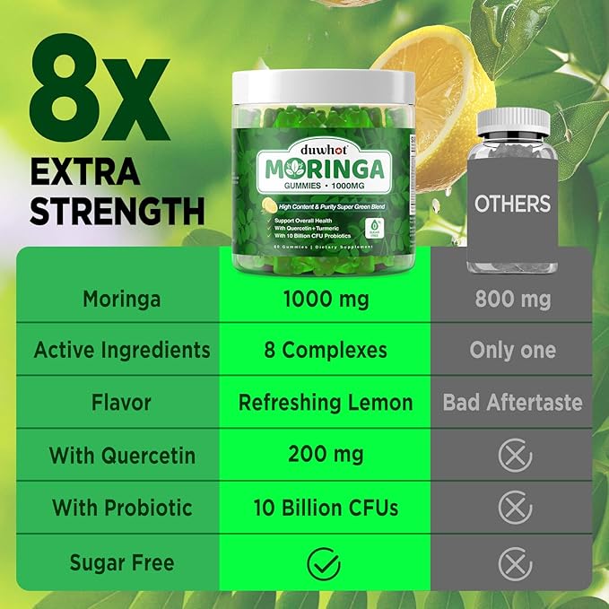 Moringa Gummies for Women Men, Pure Organic Moringa Leaf Extract Supplement with Vitamin C & E, Turmeric, Ceylon Cinnamon, Probiotics for Gut & Immune Health, Supergreen, Sugar-Free, Vegan, 60 Chews
