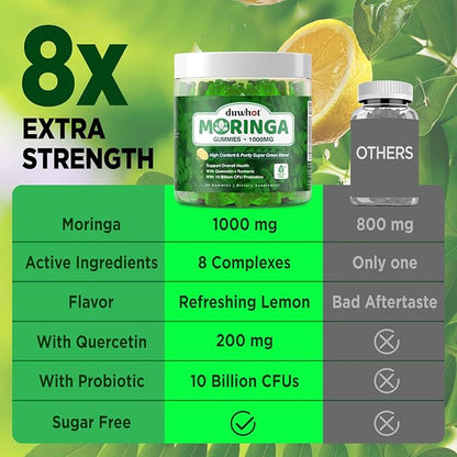 Moringa Gummies for Women Men, Pure Organic Moringa Leaf Extract Supplement with Vitamin C & E, Turmeric, Ceylon Cinnamon, Probiotics for Gut & Immune Health, Supergreen, Sugar-Free, Vegan, 60 Chews