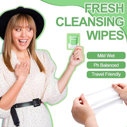 300 Pieces Feminine Wipes Individually Wrapped Women Travel Size Bulk Unscented Intimate Wipes Mild Private Parts Ph Balanced for Travel Bathroom Toilet Daily(Green)