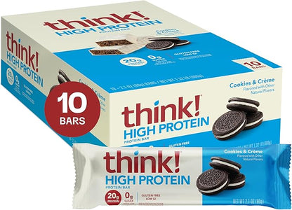 think! Protein Bars, High Protein Snacks, Gluten Free, Kosher Friendly, Cookies and Crème, Nutrition Bars, 2.1 Oz per Bar, 10 Count (Packaging May Vary)