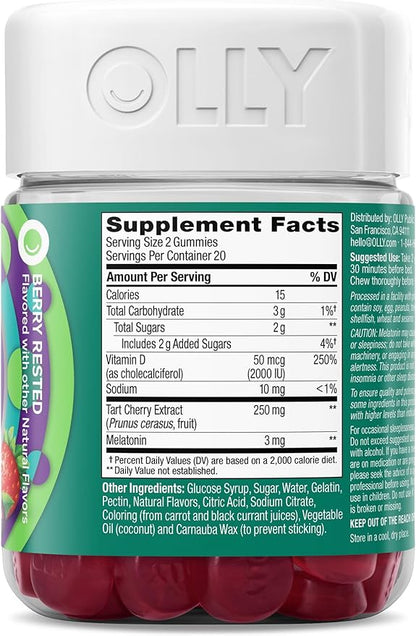 OLLY Muscle Recovery Sleep Gummies,Sleep and Sore Muscle Support,3mg Melatonin,Tart Cherry,Vitamin D,Berry Flavor -,40 Count (Pack of 2)