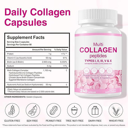 Multi Collagen Peptides Capsules, 240Pcs, Type I,II，V, X for Healthy Skin, Bone, Joint, Hair, Nail|Hydrolyzed Collagen Peptides, Easy Digestion, Unflavored for Women & Men