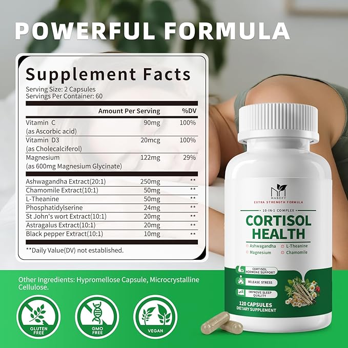 Cortisol Supplements for Women/Men - 10 in 1 Cortisol Manager Reducer Lower Detox Balance with Magnesium, Ashwagandha, L-Theanine for Stress Sleep Calm Mood Support - 120 Capsules for 60 Days