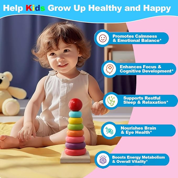 Saffron for Kids, Saffron Extract, Magnesium Glycinate, Omega-3, L-Theanine, Holy Basil, Rosemary, B6, D3 for Calm, Focus, Happy Mood, Cognition, Sleep, Sugar Free, 90 Gummies