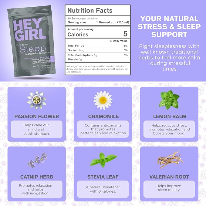 Hey Girl Sleep Tea - Natural Herbal Bedtime Tea Bags with Chamomile, Passion Flower, Valerian Root, Lemon Balm - Calming, Relaxing Adults Sleepy Night Time Tea - Relaxation Gifts for Women 2-packs