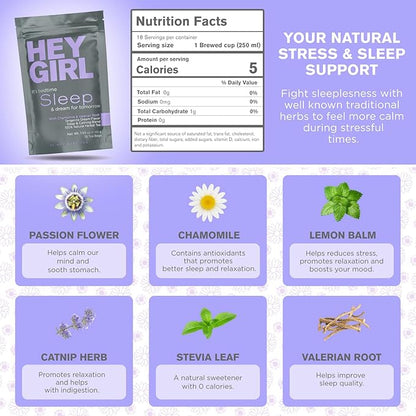 Hey Girl Sleep Tea - Natural Herbal Bedtime Tea Bags with Chamomile, Passion Flower, Valerian Root, Lemon Balm - Calming, Relaxing Adults Sleepy Night Time Tea - Relaxation Gifts for Women 2-packs
