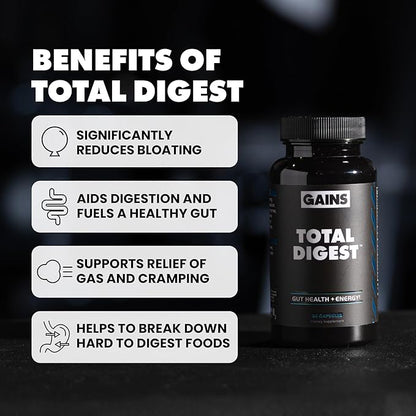 Gains in Bulk Total Digest, Digestive Enzymes, Prebiotics and Probiotics for Digestive Health, Bloating Support, Gut Health for Women and Men, Promotes Protein, Carb and Fat Digestion, 90 Capsules