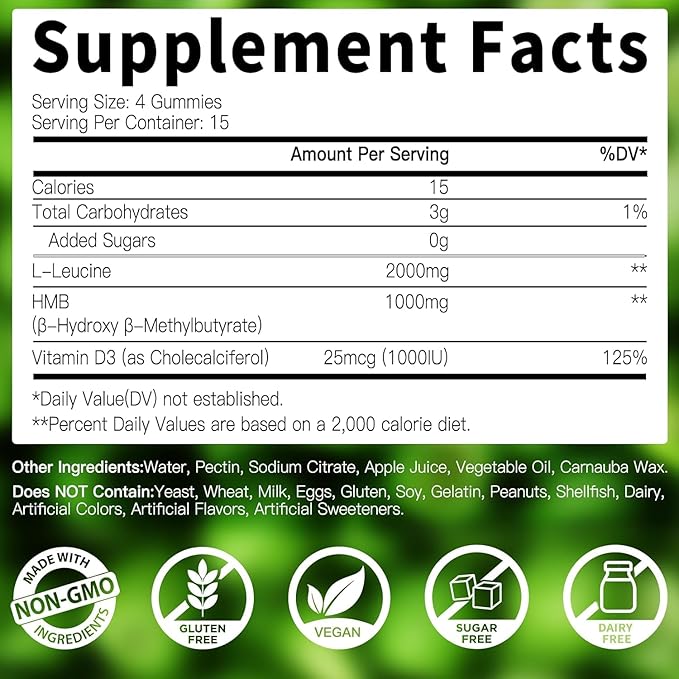 HMB & L-Leucine Gummies 3000mg - with Vitamin D3 for Muscle Recovery, Energy, Endurance & Muscle Mass Increase - for Men & Women - Non-GMO, Vegan, Gluten-Free, Apple Flavor - 60 Gummies