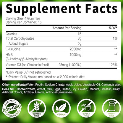 HMB & L-Leucine Gummies 3000mg - with Vitamin D3 for Muscle Recovery, Energy, Endurance & Muscle Mass Increase - for Men & Women - Non-GMO, Vegan, Gluten-Free, Apple Flavor - 60 Gummies
