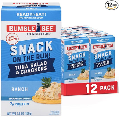 Bumble Bee Snack On The Run! Protein Snack Pack - 7g Protein per Box - Ranch Tuna Salad with Crackers Kit - Ready to Eat Easy-Open Can - Wild Caught MSC-Certified Tuna (Pack of 12)