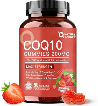 NATURE TARGET CoQ10 Gummies 200mg – High Absorption Coenzyme Q10 Supplements for Heart, Energy & Antioxidant with PQQ，Zinc & Ashwagandha, Strawberry Flavor, 90 Count