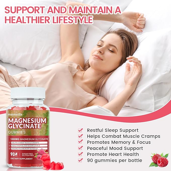 Magnesium Glycinate Gummies 1000mg, Sugar Free Magnesium Potassium Supplements Chewable for Adults with L-Threonate for Sleep, Body Support and Relaxation,90 Raspberry Gummies