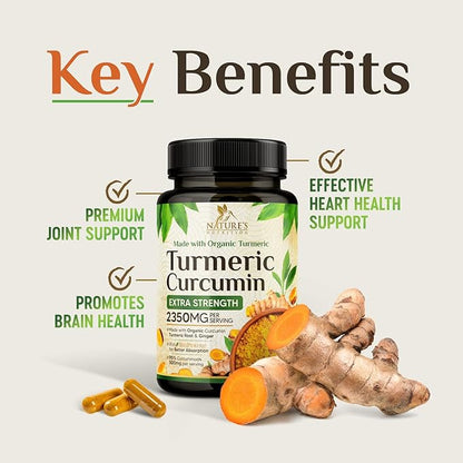 Turmeric Curcumin Supplement 2350mg - 95% Curcuminoids with Organic Turmeric & Ginger, BioPerine Black Pepper for Best Absorption, Nature's Vegan Joint Support, Non-GMO, Bottled in USA - 120 Capsules