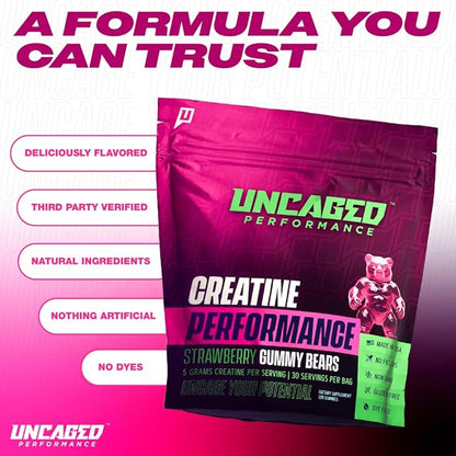 Creatine Monohydrate Gummies 5g with Prebiotic Fiber for Muscle Growth & Strength, 30 Servings, Strawberry - Lab Tested - 5000mg Premium All Natural