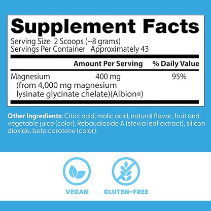 Doctors Best High Absorption Magnesium Powder Lysinate Glycinate 100% Chelated, Muscle Relaxation & Sleep Support, Gluten Free, Vegan, 100% Chelated Net Wt. 12.1 oz (340 Grams), Fruit Punch Flavor