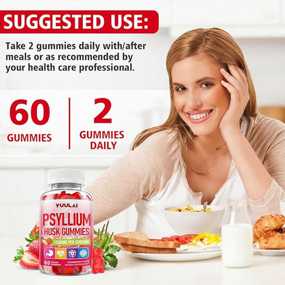 Psyllium Husk Gummies, Psyllium Husk Fiber Supplement, Vegan, Sugar Free, 60 Count