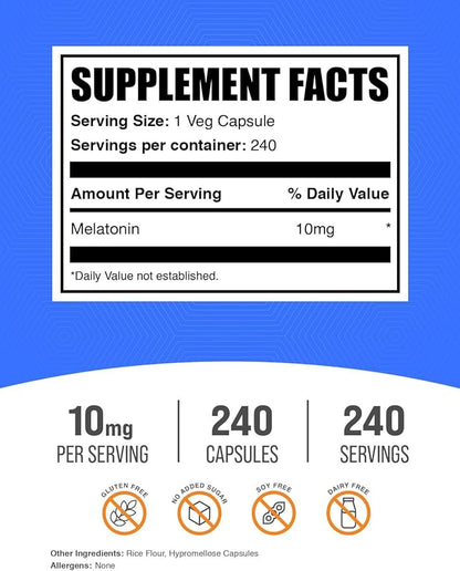 BulkSupplements.com Melatonin 10 mg Capsules - Melatonin for Adults, Sleep Supplement - 10mg Melatonin per Serving, 1 Capsule per Serving, 240 Capsules (Pack of 1)