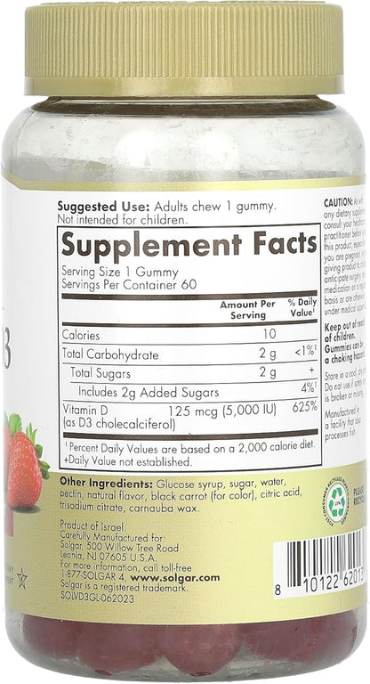 Solgar Vitamin D3 Gummies for Adults 5,000IU Ultra Potency Vitamin Immune System Support for Women & Men - Tasty Strawberry Flavor, Gluten & Gelatin Free Gummy, 2 Month Supply, 60 Servings, 2g Sugar