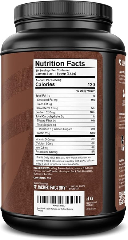 Jacked Factory Authentic ISO Whey Protein Isolate Powder - Low Carb, Non-GMO Muscle Building Protein w/No Fillers, Post Workout Recovery - 30 Servings, Chocolate
