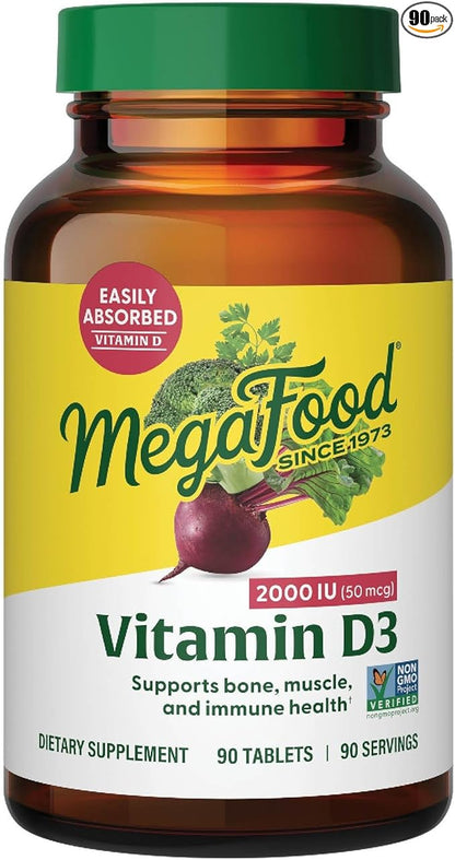 MegaFood Vitamin D3 2000 IU (50 mcg) - Vitamin D Supplements With Real Food, Immune Support, Supports Bones, Teeth & Muscles, Vegetarian, Certified Non-GMO, Kosher – 90 Tablets, 90 Servings