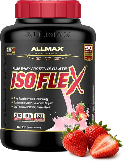 ALLMAX ISOFLEX Pure Whey Isolate Protein Powder - Gluten Free, Low Lactose, Sugar-Free - High-Protein, Clean, Keto-Friendly for Pre Post Workout Supplement for Women and Men | Strawberry, 5lb
