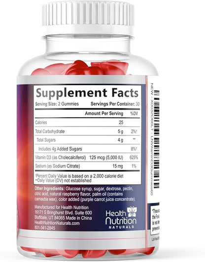 Vitamin D3 Gummies 125 mcg (5000 IU) Per Serving - 3X Strength Immune Support & Bone Support, Vitamin D Gummy Dietary Supplement, Nature's Berry D Vitamin Supplement, Raspberry Flavored - 60 Gummies