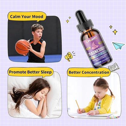 Kids Magnesium Liquid Drops-Magnesium Glycinate Liquid for Kids Supplement-w/L-theanine, Omega-3, Vitamin B6, D3 - for Sleep, Relaxation, Brain, Bones - Peach Flavor, 2 Fl Oz