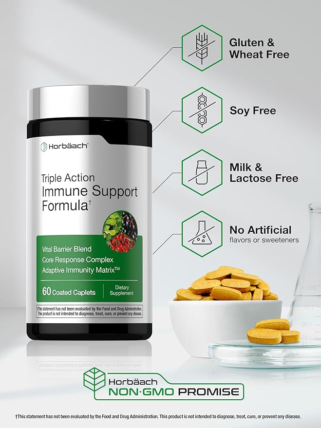 Horbäach Immune Support Supplement | 60 Coated Caplets | with Vitamin C, Zinc & Elderberry | Triple Action | Adaptive Immunity Matrix | Vegan, Non-GMO, Gluten Free