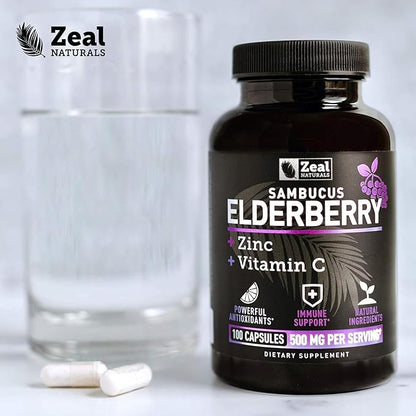 Zeal Naturals Max Strength Elderberry Capsules - 500mg, 100 Capsules | Sambucus Black Elderberry, Vitamin C, and Zinc | 3-in-1 Immune Support Supplement for Adults