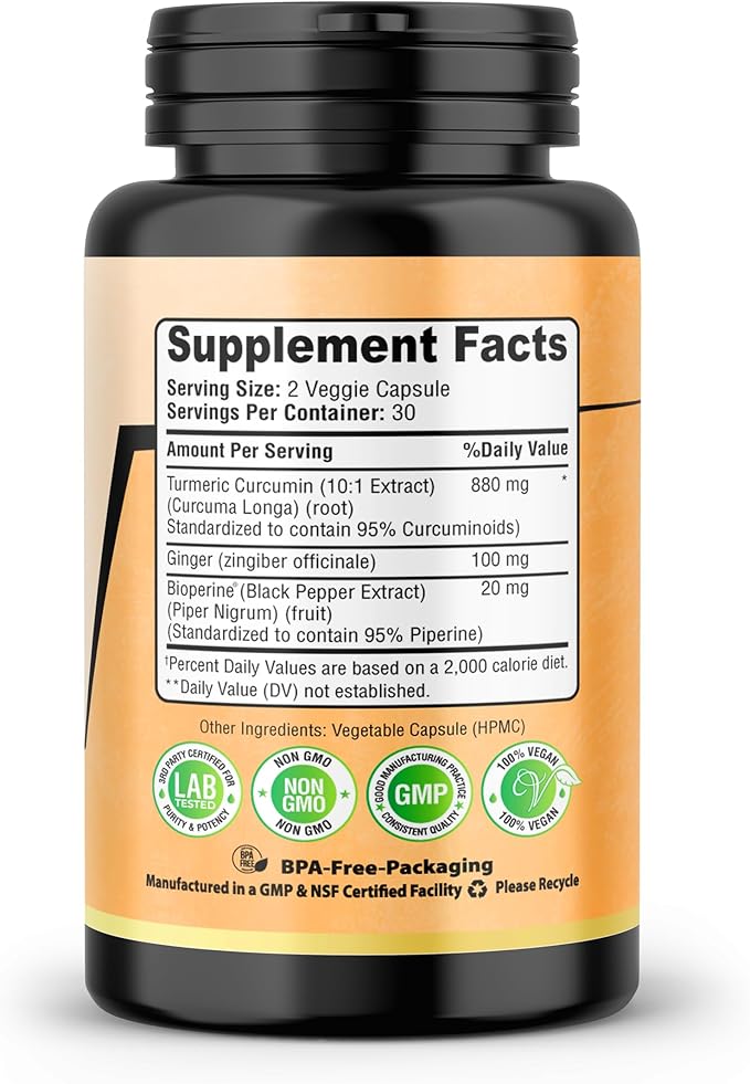 Turmeric Curcumin with Ginger, BioPerine Black Pepper, 95% Curcuminoids, Natural Joint & Healthly Inflammatory Support, Antioxidant Tumeric Supplement, 60 Veggie Capsules, Made in USA, by SMS