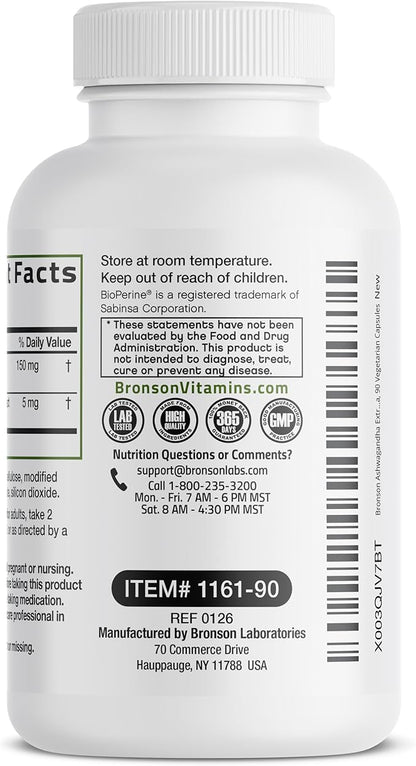 Bronson Ashwagandha Extra Strength Stress & Mood Support with BioPerine - Non GMO Formula, 90 Vegetarian Capsules