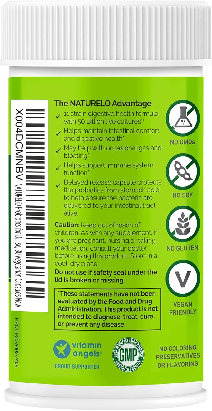 NATURELO Probiotics for Digestive Health, 50 Billion CFU, 30 Vegetarian Capsules, 11 Strains, Daily Use Supplement, Delayed Release, No-Fridge, Helps Boost Immune System, Probiotics for Women & Men