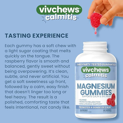 Calmitis Magnesium Gummies – Supports Calm & Balance, Magnesium Citrate, Natural Raspberry Flavor, Fruit Pectin Based, Gelatin-Free, Vegan, No Artificial Colors, Flavors or Sweeteners, 60 ct