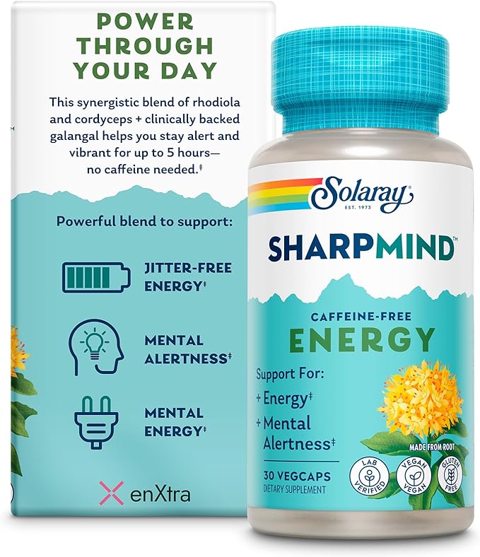 SOLARAY SharpMind Energy, Energy Booster for Women and Men, Nootropic Focus Supplement, Caffeine Free Energy Pills with Rhodiola Rosea and Cordyceps, 60 Day Guarantee, 30 Servings, 30 VegCap Pills